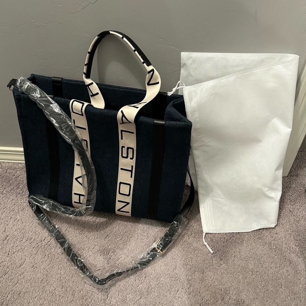 NWT Halston Blue Denim and Cream Tote Bag